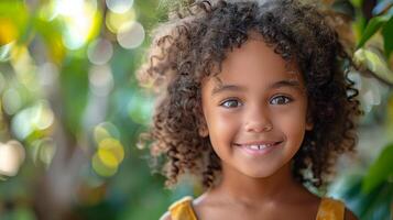 ai generado cerca arriba de niño con Rizado pelo foto