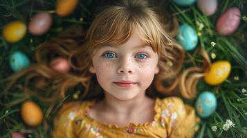 AI generated Little Girl Laying Surrounded by Easter Eggs photo