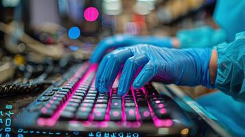 ai generado persona mecanografía en teclado en azul guantes foto