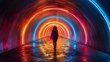 AI generated Woman Walking Through Tunnel With Colorful Lights photo