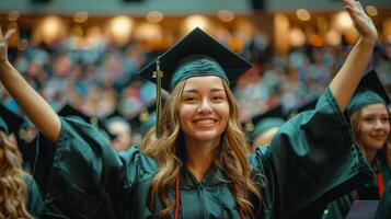 ai generado graduado mujer en gorra y vestido estudiando en biblioteca foto