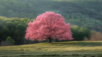 ai generado rosado árbol en pie en césped campo foto