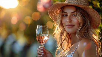 ai generado mujer en Paja sombrero participación vaso de vino foto