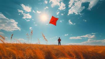 ai generado persona volador cometa en campo foto