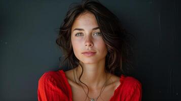 AI generated Woman in Red Shirt Posing for Picture photo
