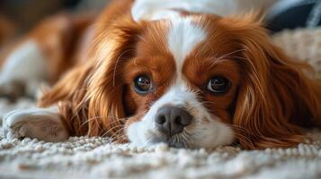 AI generated Brown and White Dog Resting on Carpet photo