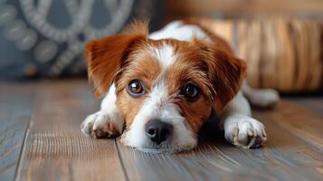 AI generated Brown and White Dog Resting on Carpet photo