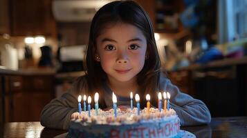 ai generado pequeño niña sentado en frente de un pastel con iluminado velas foto