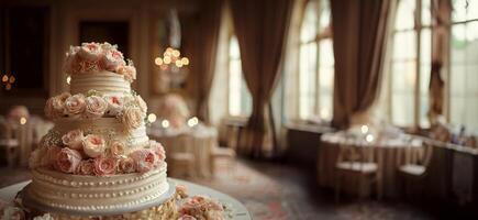 AI generated Elegant Three Tiered Wedding Cake on Table photo