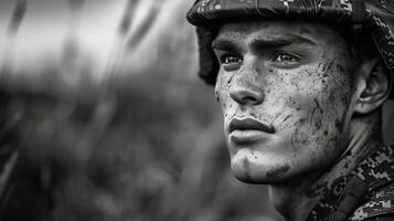 ai generado soldado en negro y blanco foto