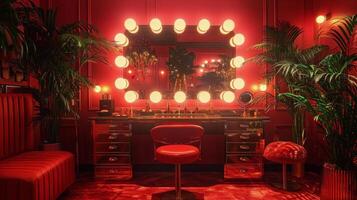 ai generado rojo habitación con vanidad, heces, espejo, y en conserva plantas foto
