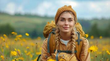 AI generated Woman Hiking in Field of Flowers photo