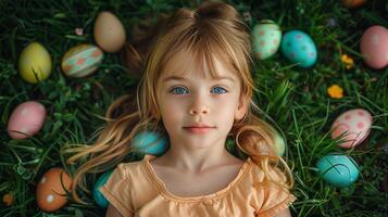 AI generated Little Girl Laying Surrounded by Easter Eggs photo