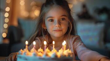 ai generado pequeño niña sentado en frente de un pastel con iluminado velas foto