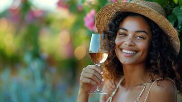 ai generado mujer en Paja sombrero participación vaso de vino foto