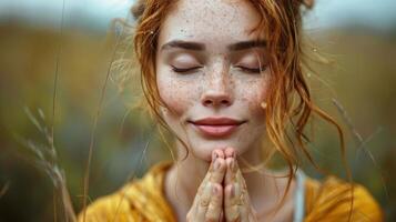 ai generado mujer con pecoso pelo y ojos cerrado Orando foto