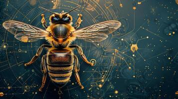 ai generado abeja encaramado en azul antecedentes foto