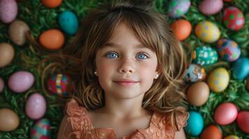 AI generated Little Girl Laying Surrounded by Easter Eggs photo