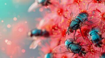 AI generated Blue Flies on Pink Flower photo