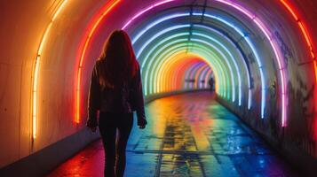 AI generated Woman Walking Through Tunnel With Colorful Lights photo