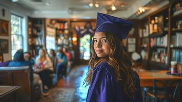 ai generado graduado mujer en gorra y vestido estudiando en biblioteca foto