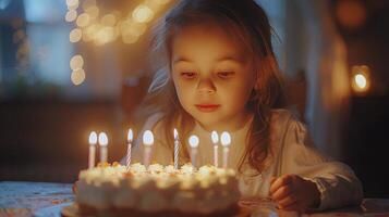 ai generado pequeño niña sentado en frente de un pastel con iluminado velas foto