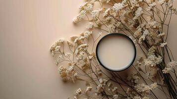 ai generado vaso de Leche junto a manojo de flores foto