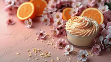 AI generated Cupcake With Whipped Cream, Orange Slices, and Flowers photo