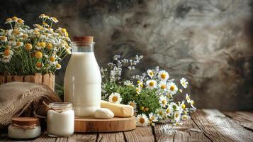 AI generated Bottle of Milk and Basket of Daisies photo