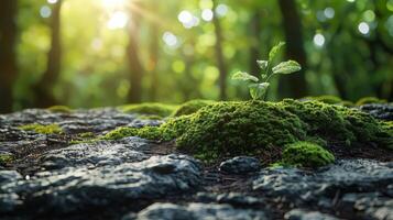 ai generado pequeño planta brotante desde musgo cubierto rock foto