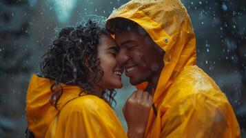 ai generado hombre y mujer en pie debajo paraguas en lluvia foto