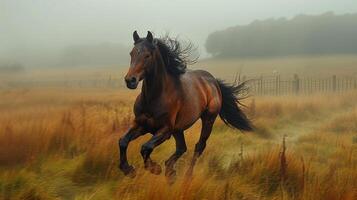 ai generado un caballo corriendo mediante un campo de alto césped foto