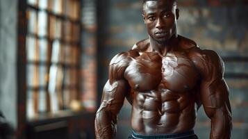 ai generado muscular hombre trabajando fuera en gimnasio foto