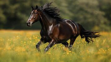 ai generado un caballo corriendo mediante un campo de alto césped foto