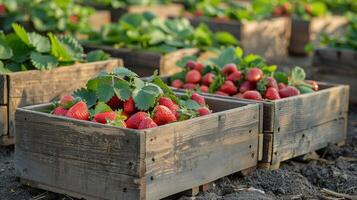 ai generado de madera caja lleno con maduro fresas foto