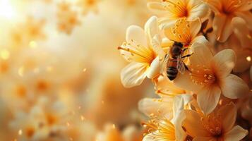 ai generado abeja alimentación en flor con borroso antecedentes foto