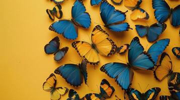 ai generado azul y amarillo mariposas en amarillo antecedentes foto