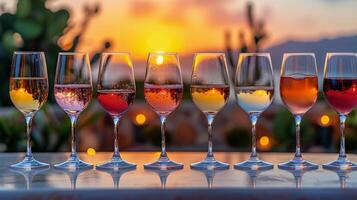 AI generated Row of Wine Glasses on Wooden Table photo