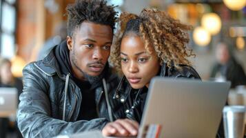 AI generated Man and Woman Looking at Laptop photo