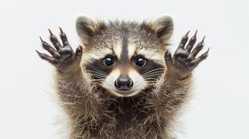 AI generated A whimsical happy raccoon laughing, full body on a white background. Close up of a raccoon facing a white background. Generated by artificial intelligence. photo