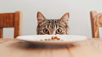 AI generated Wet cat food in a bowl on the table and the cat sticks its muzzle out from under the table. Generated by artificial intelligence. photo