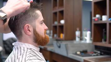 Ginger beard and blond hair cutting in barbershop video