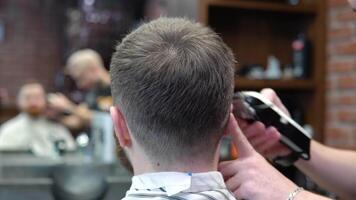 un peluquero en un barbería cortes el clientela pelo con un clíper. ver en el espejo video