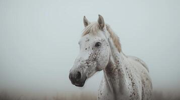 AI generated A portrait of an Arabian horse with a white coat and brown spots, looking at the camera in a headshot against a misty grey background. Generated by artificial intelligence. photo