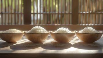 AI generated Four bowls of freshly cooked rice on the table. Generated by artificial intelligence. photo