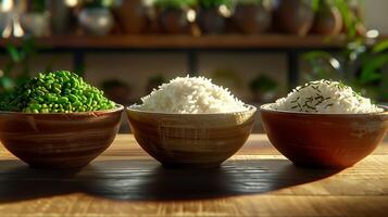 AI generated Two bowls of freshly cooked rice on the table. Generated by artificial intelligence. photo