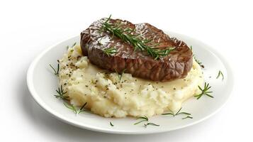 AI generated Mashed potatoes with steak on white background. Generated by artificial intelligence. photo