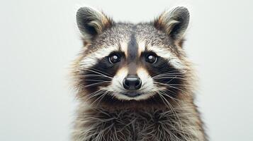 AI generated A whimsical happy raccoon laughing, full body on a white background. Close up of a raccoon facing a white background. Generated by artificial intelligence. photo