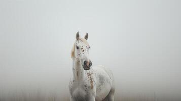 AI generated A portrait of an Arabian horse with a white coat and brown spots, looking at the camera in a headshot against a misty grey background. Generated by artificial intelligence. photo