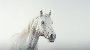 ai generado un retrato de un árabe caballo con un blanco Saco y marrón lugares, mirando a el cámara en un disparo a la cabeza en contra un brumoso gris antecedentes. generado por artificial inteligencia. foto